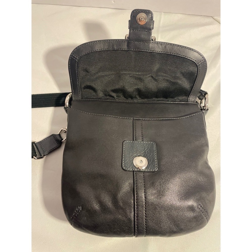 Coach Black Leather Flap Crossbody Bag Silver Buckle Adjustable Web Strap Small - Picture 6 of 12